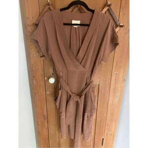 Maeve brown V-neck cap sleeve belted silk dress